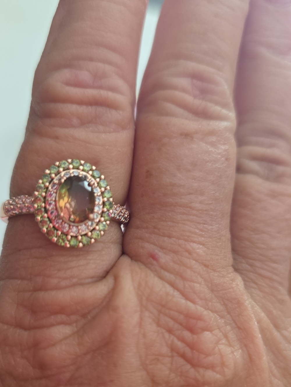 bp Rose Gold Multicolor Oval Halo Ring with Pink and Green Accents
